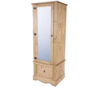 Wardrobe Single Door One Drawer Mirrored Solid Pine Tall Bedroom Furniture