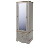Wardrobe Single Door One Drawer Mirrored Solid Pine Tall Bedroom Furniture