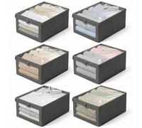 Wardrobe Storage Organiser Foldable - 6Pcs Drawer Organiser Clothes Fabric Storage Boxes Bin with Clear Window Shelf Stackable Clothing Storage Boxes for Underwear Jeans Pants Shirts Leggings Toy, Gre
