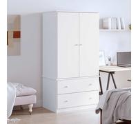 Wardrobe White Solid Pine 90x55x170 cm Untreated 2-Drawer Rail Wooden Knobs Slim
