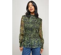 Warehouse Women's Animal Organza Shirring Blouson Sleeve Shirt in Lime | Size: 10