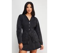 Warehouse Balloon Sleeve Nipped Waist Denim Jacket In Washed Black washed black