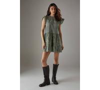 Warehouse Broderie Mix Tier Mini Smock Dress In Khaki khaki 10
