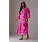 Warehouse Burnout Chiffon Plunge Neck Ruched Bodice Peplum Midi Dress In Pink pink 8