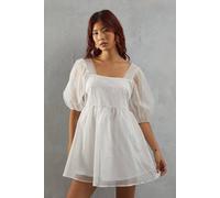 Warehouse Burnout Gingham Organza Square Neck Mini Smock Dress In Ivory ivory 10