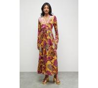 Warehouse Burnout Velvet Plunge Neck Waisted Midi Dress In Ochre ochre 14