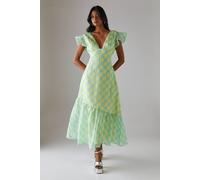 Warehouse Check Organza Plunge Neck Frill Shoulder Midi Dress multi 16