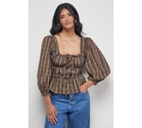 Warehouse Check Tie Front Square Neck Blouse In Brown brown