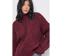 Warehouse Women's Chunky Cable Knit Roll Neck Jumper in Dark Red | Size: Large Warehouse Dark Red L