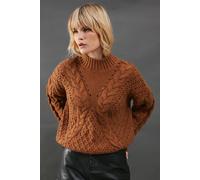 Warehouse Women's Chunky Cable Knit Roll Neck Jumper in Tan | Size: Large Warehouse Tan L