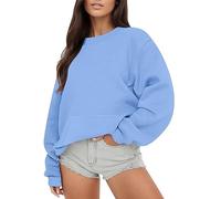 Warehouse Clearance Bargains Sale Oversized Hoodie Women Plus Size Loose Fit Sweatshirt Solid Round Neck Long Sleeve Blouse Sweatshirts Stretch Plain Christmas Deals Clearance Blue