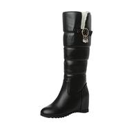 Warehouse Clearance Bargains Sale Waterproof Snow Boots Women Ladies Fashion Solid Color Leather Belt Buckle Cotton Boots Plush Wedge Heel Thick Long Boots Offers of The Day for Women Black