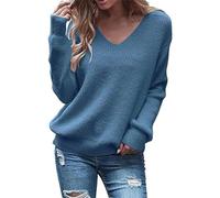 Warehouse Clearance Bargains Sale Winter Essentials for Women Women's V Neck Solid Color Loose Pullover Long Sleeved Sweater Plus Size Christmas Jumper Deals of The Day Sale Home (Blue, M)