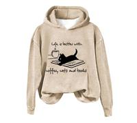 Warehouse Clearance Bargains Sale Women Hoodies Coffee Cat And Book Print Sweatshirts Hooded Solid Solor Loose Fit Blouse Tops 2024 Fall Warm Thick Long Deal of The Day Today
