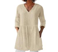 Warehouse Clearance Bargains Sale Women Summer Tops with Pockets Linen 3/4 Sleeve V Neck Tunic Top Cotton Linen Casual T-Shirt Oversized Long Swing Blouse Shirts Ladies Clothes Tee