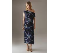 Warehouse Women's Crinkle Satin Fallen Shoulder Knot Side Midi Dress in Navy | Size: 6