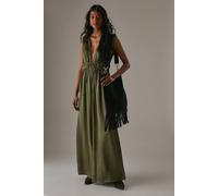Warehouse Crinkle Satin Plunge Neck Tie Detail Jumpsuit In Khaki khaki 16