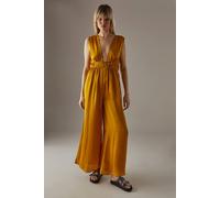 Warehouse Crinkle Satin Plunge Neck Tie Detail Jumpsuit In Yellow yellow 10