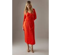 Warehouse Crinkle Satin Ruched Front Column Midi Dress In Orange orange 8