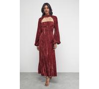 Warehouse Crinkle Velvet Cutout Blouson Sleeve Midi Dress In Burgundy burgundy 12