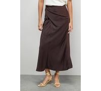 Warehouse Crushed Satin Drape Front Bias Midi Skirt In Chocolate chocolate 14