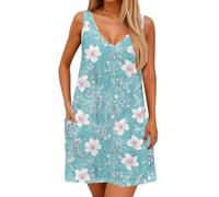 Warehouse Deals Clearance My Orders UK Spaghetti Dresses Vintage Casual Floral Print V Neck Sleeveless Strappy Mini Beach Dress with Pockets Beach Dresses (Sky Blue, XL)