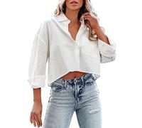 Warehouse Deals Clearance Oversized T Shirt Women Button Down Cropped Shirts Long Sleeve Casual Crop Tops Solid Lapel Blouse Shirt with Chest Invite only Deals Prime White