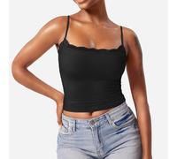 Warehouse Deals Clearance Returns Vest Tops Women UK Adjustable Spaghetti Straps Y2K Crop Tank Tops Solid Color Slim Fit Blouse Lace Scoop Neck Sleeveless Tee Today Deals of The Day Black