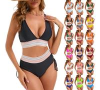 Warehouse Deals Clearance,Swimming Costume Women v-Neck Patchwork Bikini 2-Piece Set Womens high Waisted Bikini Sets Tummy Control Swimsuits Color Block Two Piece Drawstring Bathing Suit Black