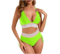 Warehouse Deals Clearance,Swimming Costume Women v-Neck Patchwork Bikini 2-Piece Set Womens high Waisted Bikini Sets Tummy Control Swimsuits Color Block Two Piece Drawstring Bathing Suit Light Green
