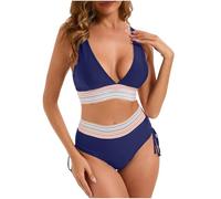 Warehouse Deals Clearance,Swimming Costume Women v-Neck Patchwork Bikini 2-Piece Set Womens high Waisted Bikini Sets Tummy Control Swimsuits Color Block Two Piece Drawstring Bathing Suit Dark Blue