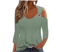 Warehouse Deals Today 2024 Sexy Cold Shoulder Tops for Women UK Fall Fashion 3/4 Sleeve V Neck Tunic Shirts Ladies Elegant Hollow Out Eyelet Blouse Dressy Casual Solid Color Loose Fit Tee Shirts