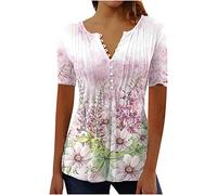 Warehouse Deals Today 2024 Summer T Shirts for Women UK Short Sleeve Button Up V Neck Tops Trendy Pleated Henley Tunic Shirts Dressy Casual Butterfly Floral Print Blouse Ladies Elegant Going Out Tee