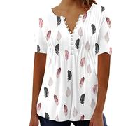 Warehouse Deals Today 2024 Summer T Shirts for Women UK Short Sleeve Button Up V Neck Tops Trendy Pleated Henley Tunic Shirts Dressy Casual Butterfly Floral Print Blouse Ladies Elegant Going Out Tee
