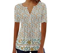 Warehouse Deals Today 2024 Summer T Shirts for Women UK Short Sleeve Button Up V Neck Tops Trendy Pleated Henley Tunic Shirts Dressy Casual Butterfly Floral Print Blouse Ladies Elegant Going Out Tee