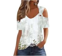 Warehouse Deals Today 2025 Summer Tops for Women UK Trendy Short Sleeve V Neck Cold Shoulder T-Shirt Dressy Casual Hollow Out Eyelet Blouse Lightweight Floral Printed Shirts Going Out Tee