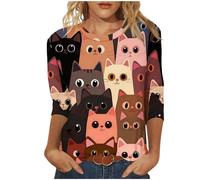 Warehouse Deals Today Blouse for Women UK Cute Cats Print Tunic Tops 2025 Summer Fashion Round Neck Shirts Dressy Casual 3/4 Sleeve Tops Comfy Lightweight Loose Fit T-Shirt Going Out Tee