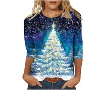 Warehouse Deals Today Christmas Shirts for Women UK 2024 Fashion Sparkling Xmas Tree Red Wine Glass Print Tunic Tops Casual 3/4 Sleeve Crewneck Jumper Blouse Ladies Lightweight Going Out Sweatshirt