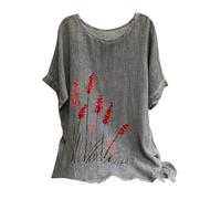 Warehouse Deals Today Linen Tops for Women UK Plus Size Shirts 2024 Summer Short Sleeve Crewneck Blouses Funny Daisy Dandelion Butterfly Print T-Shirts Ladies Elegant Loose Fit Cheesecloth Clothes