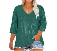 Warehouse Deals Today Oversized Tops for Women UK Casual 3/4 Sleeve V Neck Solid Color Shirts 2025 Spring Fashion Sequin Glitter Blouse Dressy Comfy Lightweight Loose Fit Tshirt Ladies Elegant Tee