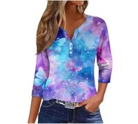 Warehouse Deals Today Women Casual Tops 2024 Fashion 3/4 Sleeve Button Up V Neck Shirts UK Fall Comfy Floral Marble Butterfly Print Henley Blouse Ladies Dressy Elegant Tunic Tops Going Out T-Shirt