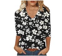 Warehouse Deals Today Women Fashion Tops UK Casual 3/4 Sleeve V Neck Shirts 2024 Summer Floral Print Blouses Dressy Comfy Tunic Tops Ladies Elegant Going Out T-Shirts Loose Fit Tee