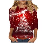 Warehouse Deals Today Womens Christmas Tunic Tops Funny Sparkly Glitter Xmas Tree Print Blouse UK Trendy 3/4 Sleeve Crewneck Shirts 2024 Fall Lightweight Going Out T-Shirt Dressy Casual Tee