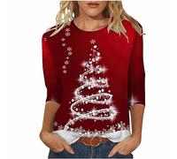 Warehouse Deals Today Womens Christmas Tunic Tops UK Trendy 3/4 Sleeve Crewneck Shirts Dressy Casual Xmas Tree Snowflake Print Blouse Ladies Lightweight Fall Winter Going Out T Shirts 2024 Tee