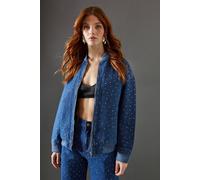 Warehouse Women's Denim All Over Hotfix Bomber Jacket in Dark Wash | Size: 8 Warehouse Dark Wash 8