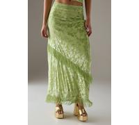 Warehouse Devore Fringe Detail Midi Skirt In Apple Green apple green 16