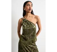 Warehouse Devore One Shoulder Fringe Cami Top In Khaki khaki 12