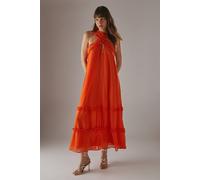 Warehouse Dobby Chiffon Frill Halter Tier Ruffle Maxi Dress In Orange orange 12