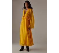 Warehouse Dobby Chiffon Plunge Neck Ruffle Midi Smock Dress In Yellow yellow 10