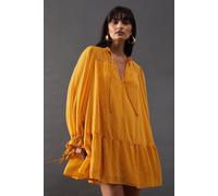Warehouse Dobby Chiffon Tie Neck Drop Hem Mini Smock Dress In Yellow yellow 12